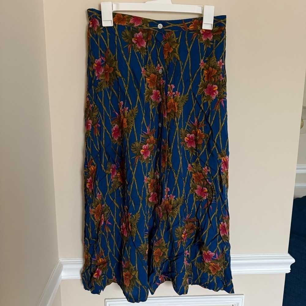 Y2K Karen Scott Blue Hawaiian Floral Tropical Flowy 100% Rayon Maxi Skirt Sz L - Picture 4 of 10